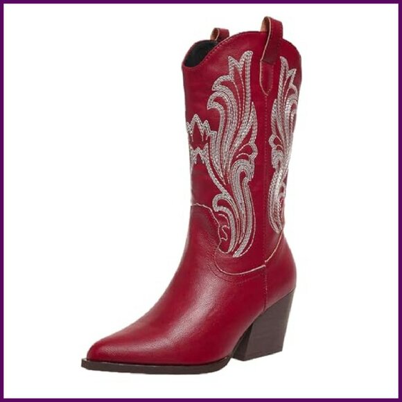 Women's Western Cowboy Boots Mid Calf Embroidered Pointed Toe Chunky Heel - Picture 2 of 8